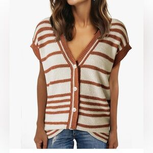 Rust and Cream Striped V-Neck Cardigan